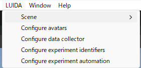 The Unity menu showing LUIDA → Configure avatars.