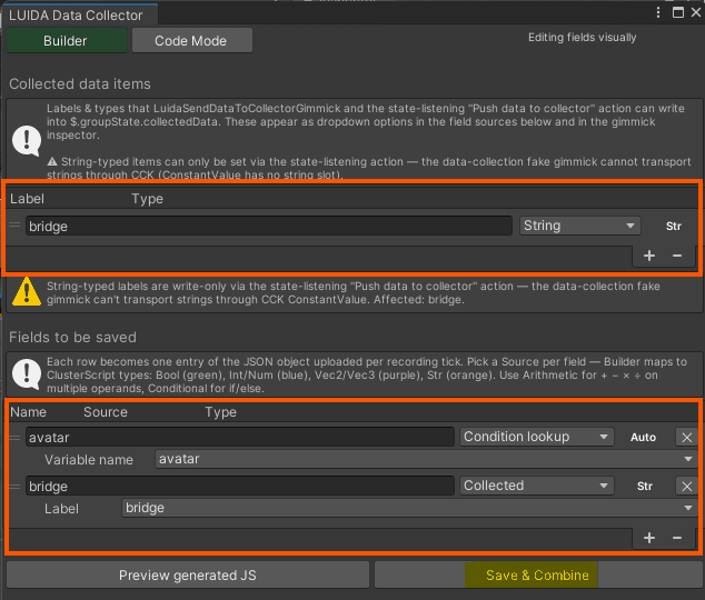 The Luida Data Collector Builder GUI showing the bridge collected data slot and the two output fields avatar and bridge.