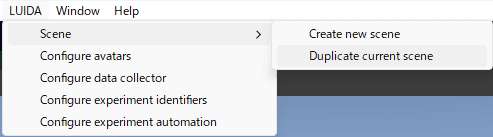 The Unity menu showing LUIDA → Scene → Duplicate current scene.