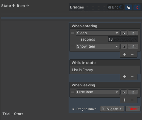 The Bridges cell under Trial - Start with the Sleep / Show rows on When entering and Hide on When leaving.