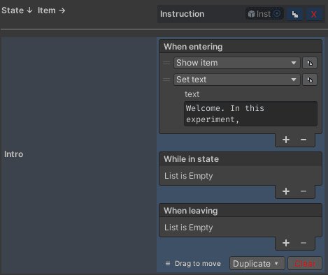 The Instruction cell under Intro / When entering with Show item and Set text rows.