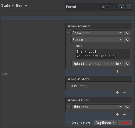 The Portal cell under End / When entering with the three rows: Show item, Set text, Upload collected data.