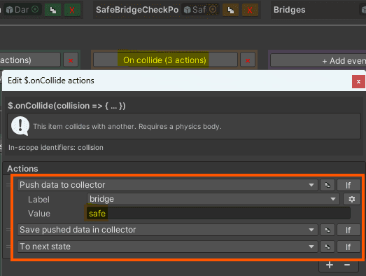 The SafeBridgeCheckPoint On collide event handler popup with the three action rows configured.