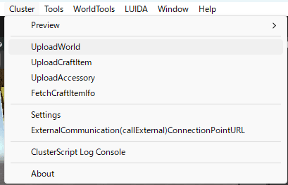 The Unity menu showing Cluster → UploadWorld.