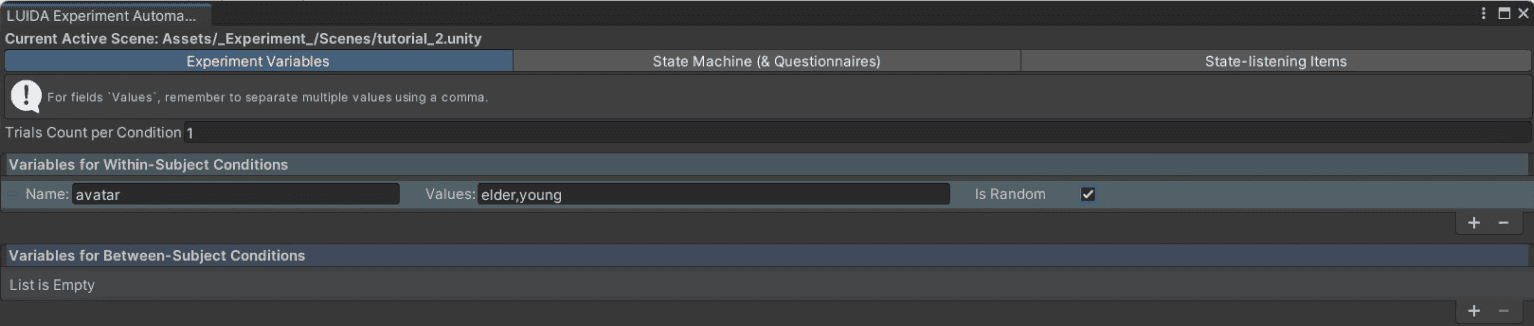 The Variables tab of the automation editor showing the avatar row with isRandom ticked.