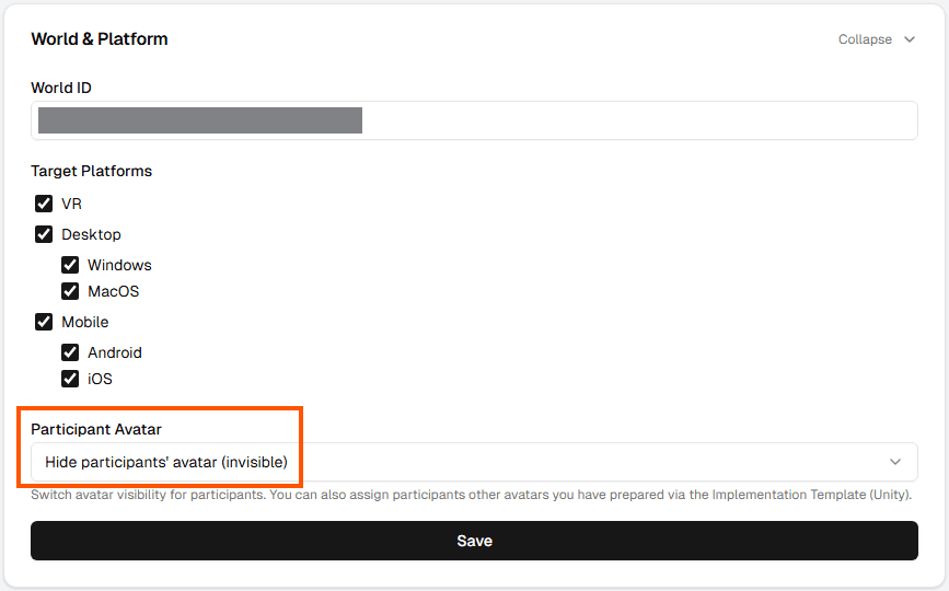 The World & Platform section with Participant Avatar set to HIDE.