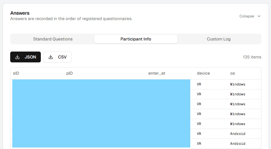 The Participant Info sub-tab in the Data section, showing per-session participant info and between-subjects assignments.