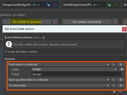 The On collide event handler popup with the three action rows configured.